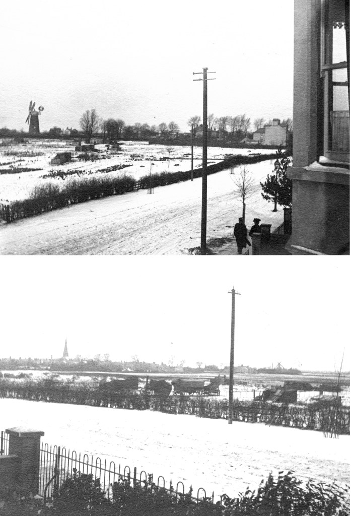 Two images of land from a house on Milton Road, Cambridge around the turn of the 20th century. Both images feature windmills.